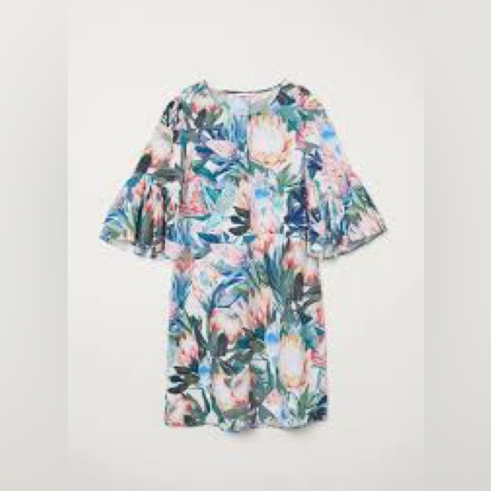 H&M Cotton Tropical Floral Bird Flounce Flutter Sleeve Dress‎ Size 12 Wedding